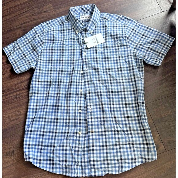 Barbour Men's Kinson Gingham Short Sleeve Button-Down Shirt Navy Blue White M - Picture 2 of 5